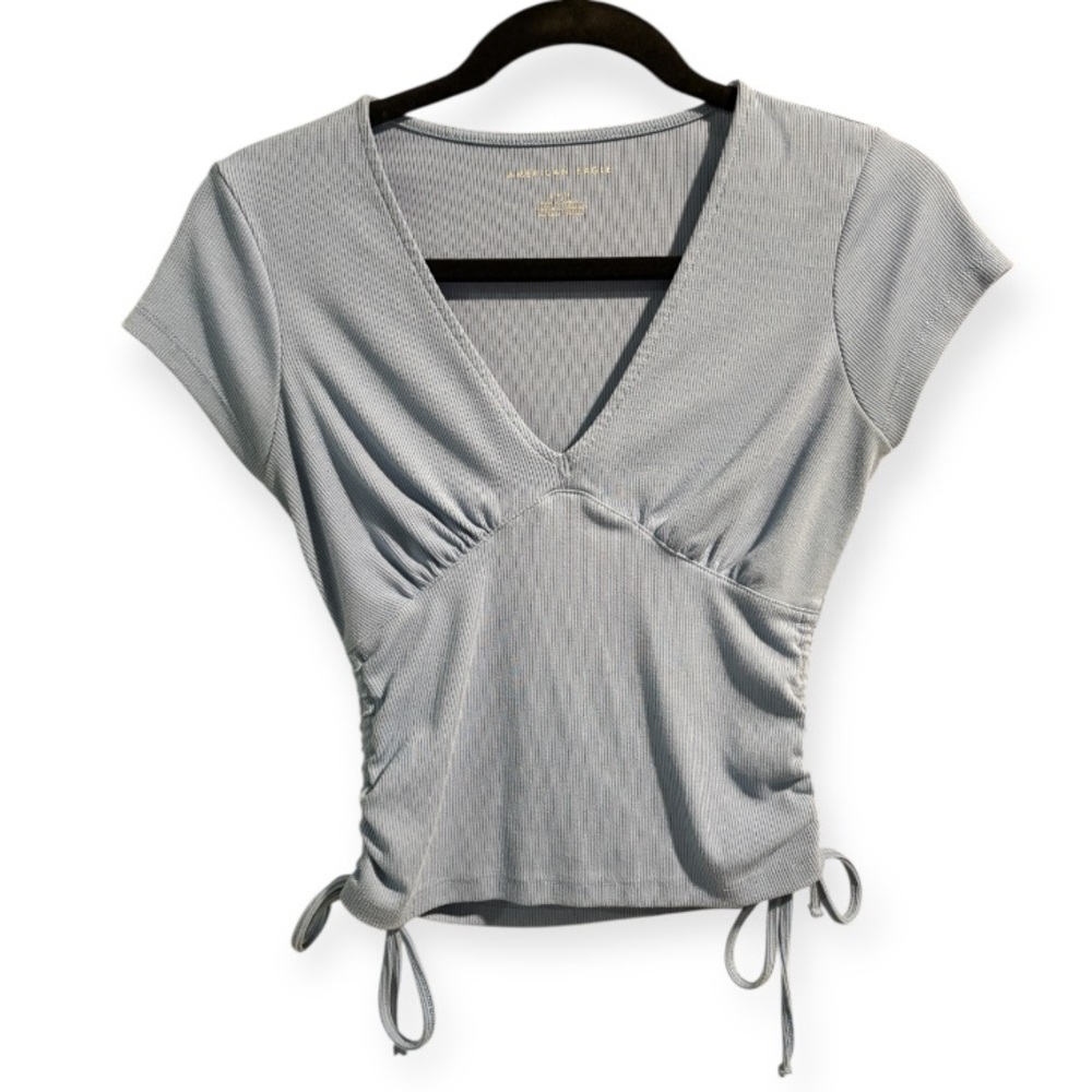 American Eagle Light Blue Ribbed Low Cut Blouse- Size Small